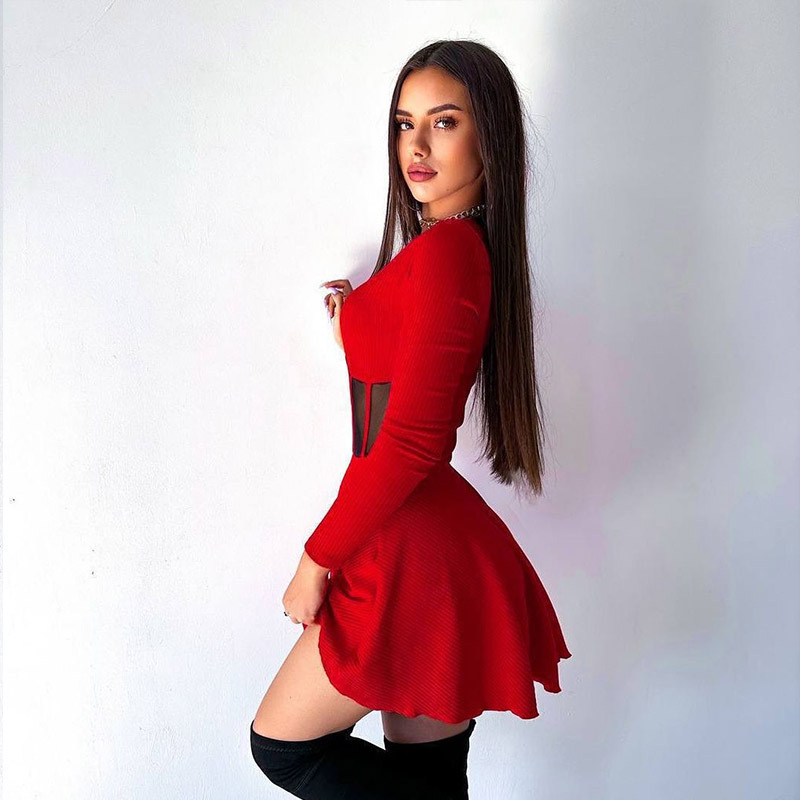 Women Half High Collar Long Sleeves h Fishbone Tight Waist Short Dress